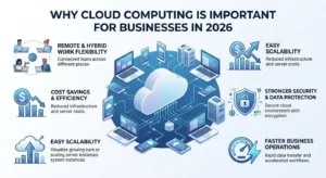 Cloud computing benefits for businesses in 2026, including flexibility, cost savings, scalability, security, and faster operations.