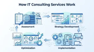IT consulting services process showing assessment, strategy development, implementation, and optimization cycle