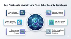 Cybersecurity compliance best practices infographic with security monitoring, training, backups, and risk assessment.