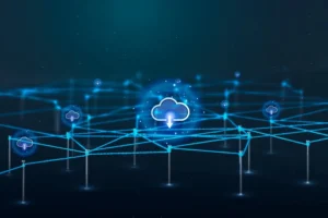 Cloud migration process showing business data, applications, and servers moving from on-premise systems to secure cloud platforms.