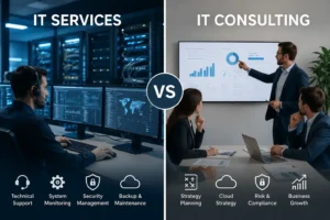 Comparison of IT Services and IT Consulting in a modern business technology environment.