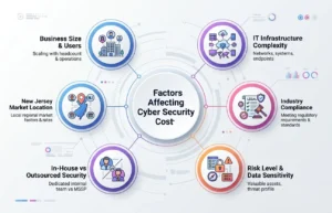 Factors affecting the average cost of cyber security services infographic for businesses.