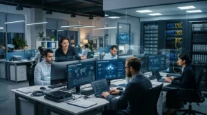 Professional IT services team managing cloud solutions, cybersecurity, network systems, and technical support in a modern corporate office environment.