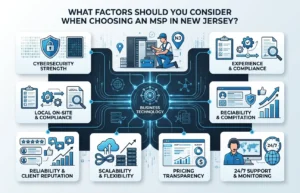 key factors for choosing a Managed IT Services Provider in New Jersey, including cybersecurity, scalability, compliance, pricing, and 24/7 IT support.