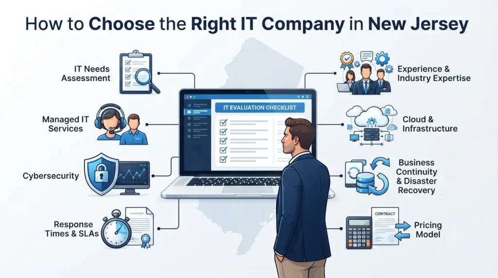 IT company selection checklist covering services, cybersecurity, SLAs, expertise, cloud, recovery, and pricing.